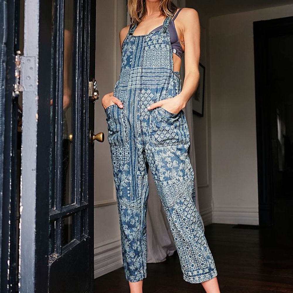 Free People Blue Printed Denim Overalls Jumpsuit